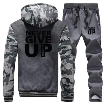 

Never Give Up Print Winter 2019 New Raglan Mens Hooded Sweatshirts Hip Hop Coat Thick Suit Fleece Hoodie+Sweatpants 2 Piece Set
