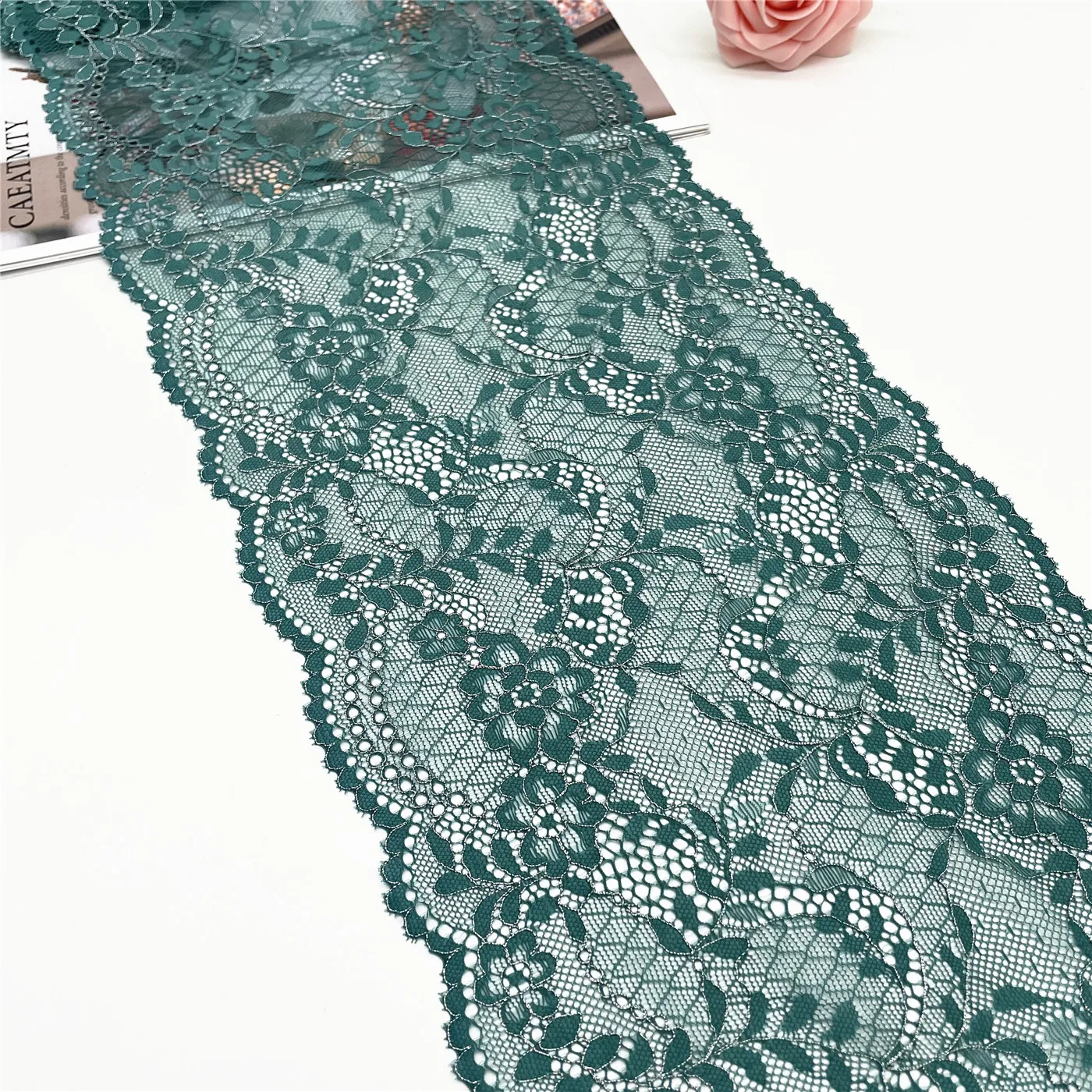 3y/lot W 8 1/4 inch 21cm Dark Green Silver Elastic Lace Trim 2