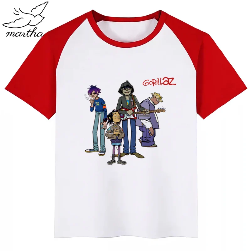 Gorillaz/рок-группа, модная футболка с забавным принтом и принтом из мультфильма «Мердок руссель», детские летние топы с круглым вырезом, футболка для мальчиков и девочек - Цвет: RedE