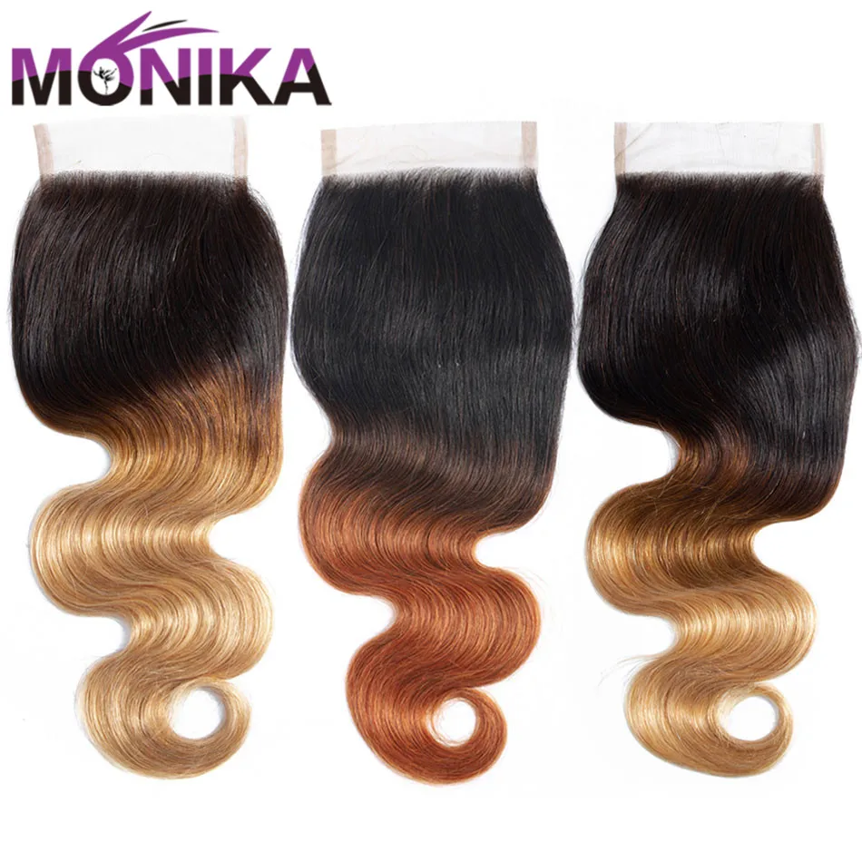 

Monika Brazilian Body Wave Closure 4x4 Lace Closure Human Hair T1B/27 Ombre Blonde Color Dark Root Closures T1B/30 Non-Remy Hair