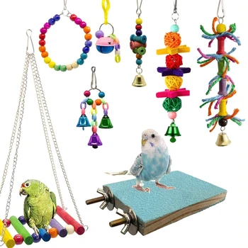 

8PCS/Set Random Color Wooden Bead Bird Toy Kit Parrot Cage Swing Toys Birds Chewing Hanging Bell