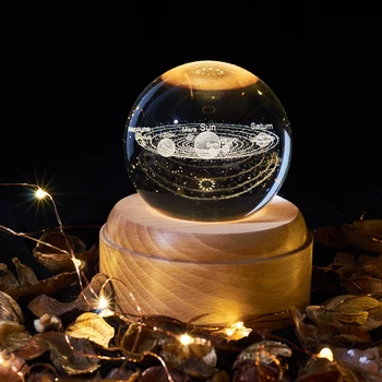 

3D Elk Moon Crystal Ball Luminous Rotary Music Box Christmas Birthday Gift Wooden Hand Crank Music Box Home Decoration