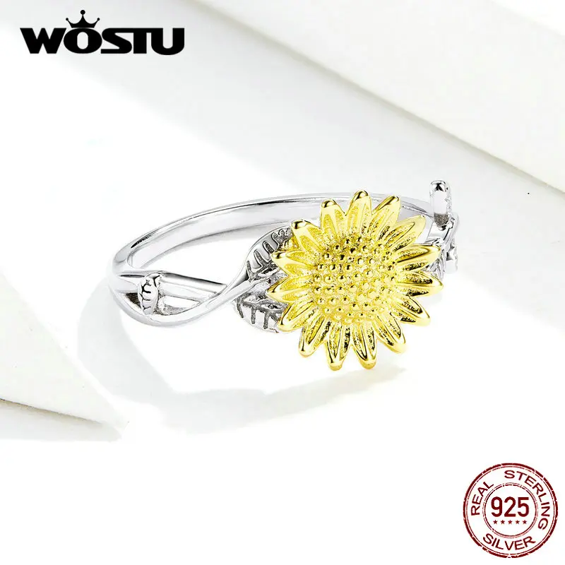 WOSTU, новинка, мода, 925 пробы, серебро, Подсолнух, обручальные кольца для женщин, открывающиеся, регулируемые, цветочные кольца, ювелирные изделия, CQR596