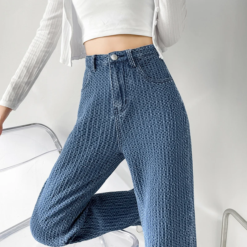 wide leg jeans Jacquard Blue Women Pants 2021 New Casual Striped Retro Basic Straight Loose Plus Size Jeans Y2K Fashion Trendy Ladies Trousers cargo jeans