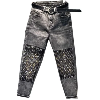 

2020 spring autumn fashion letter diamond jeans women high waist hot drilling loose herem pants plus size