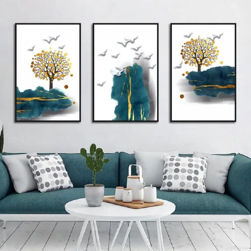 

Abstract Landscape Canvas Painting Poster and Print Golden Tree White Bird Wall Art Wall Picture Living Room Decor