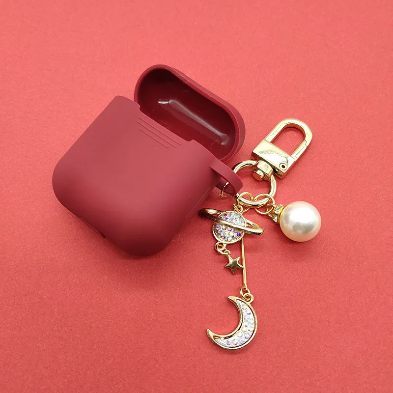 Wine Red Корейский Роскошный силиконовый чехол с алмазной луной для Apple Airpods, чехол, аксессуары, Bluetooth наушники, защитная крышка, жемчужное кольцо для ключей - Цвет: Wine Red