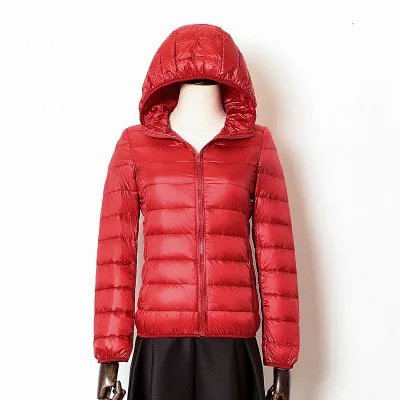 red Hooded Размера плюс Для Женщин Легкая зимняя куртка-пуховик пальто 90% Белое пуховое пальто леди Зимнее пальто с капюшоном с длинным рукавом, тонкий теплый зимнее пальто - Цвет: red Hooded