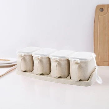 

4 Grid Seasoning Box Set Spice Salt Sugar Jars Pepper Condiment Storage Container with Small Spoon