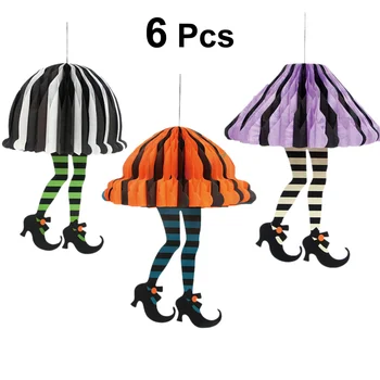 

6PCS Halloween Ornaments Skirt Striped Fringed Colorful Ball Lantern Family Paper Lantern