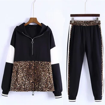 

2019 Spring Women 2 Pieces Sets Leopard Spliced Sweatshirt Ankle Length Harm Pants Oversize Tracksuits Hoodies Outfiits