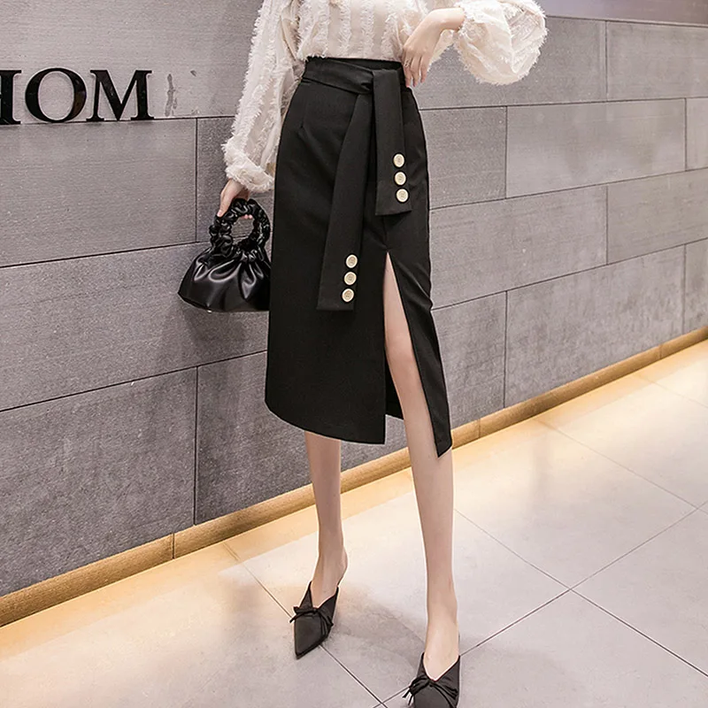 Уличная одежда, длинные юбки на пуговицах, женские черные разрезные юбки с высокой талией, женские юбки-карандаш размера плюс, Женская офисная юбка на шнуровке, jupe femme