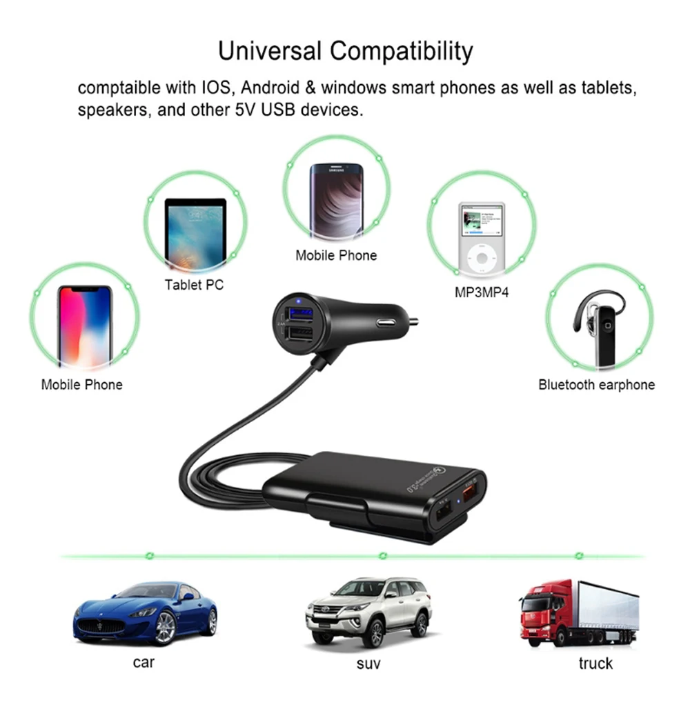 Автомобильное зарядное устройство Quick Charge 3,0, зарядное устройство для мобильного телефона, переднее сиденье, заднее сиденье, зарядное устройство, 4 порта, автомобильное зарядное устройство для S10 A70 S7 Redmi 5