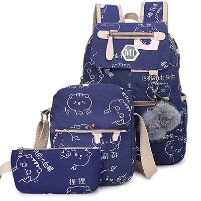 Зарядка через usb холст рюкзак 3 шт./компл. Для женщин школьные рюкзаки Ptgirl модные детские дорожные сумки милый рюкзак mochilas Эсколар - Цвет: Blue