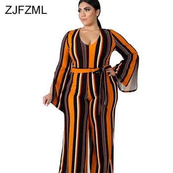 

Colorful Stripes Plus Size Bodysuit Women Scoop Neck Sashes Slim Long Sleeve Jumpsuit Party Clubwear Split Wide Leg Playsuit