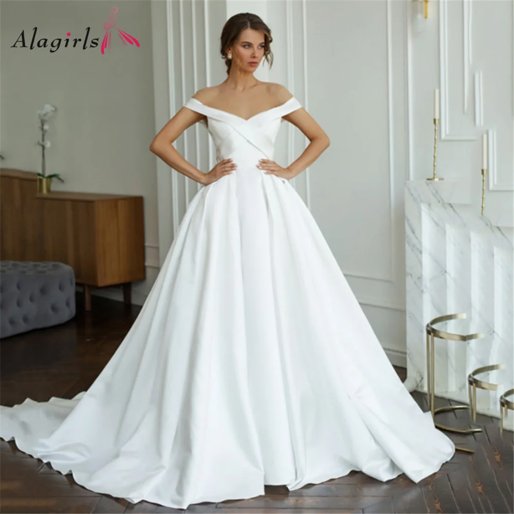 『Cheap!!!』- Alagirls Satin Princess Wedding Dresses A Line Off The
Shoulder Wedding Bride Dress Zipper Back White Ivory Wedding Ball Gown