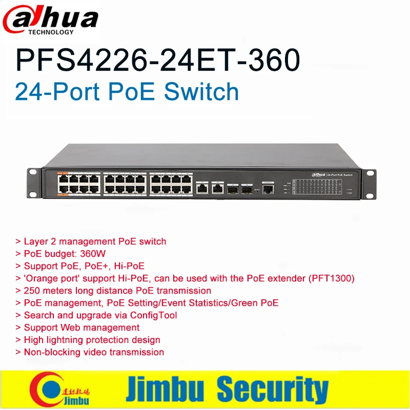 Сетевой видеорегистратор Dahua 24-Порты и разъёмы коммутатор питания через ethernet модель DH-PFS4226-24ET-360 2*10/100/1000 Base-T 2*1000 Base-х 24*10/100 Base-T
