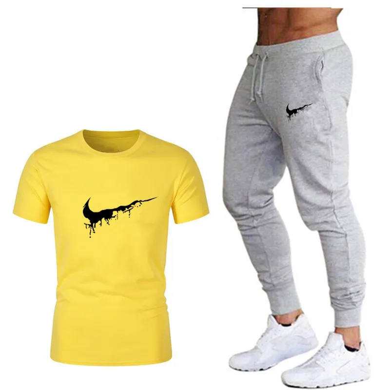 Волна рисунок в виде фирменного логотипа Мужская футболка с короткими рукавами модная повседневная свободная футболка+ спортивные штаны для бега новая мужская одежда