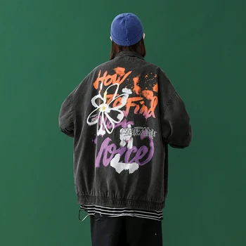 

Original Graffiti Painted Oversize Jeans Men and Women Stand Loose Casual Denim Coat Windbreaker Streetwear Bomber Jacket