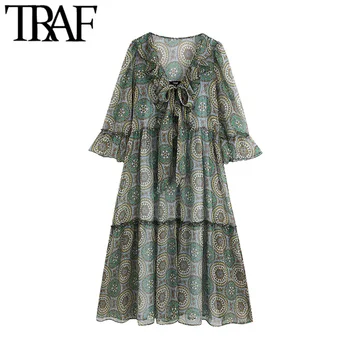 

TRAF Women Chic Fashion Floral Print Ruffled Midi Dress Vintage V Neck Three Quarter Sleeve See Through Female Dresses