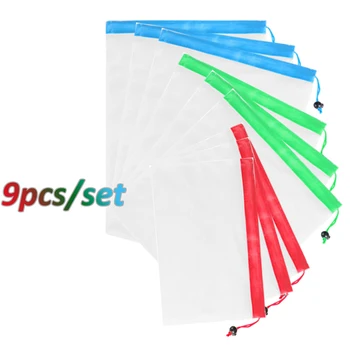 

9pcs/set Reusable Mesh Produce Bag ,Mesh Bags for Fruit Veggies storage Fridge Organizing Toys Books kitchen stuff