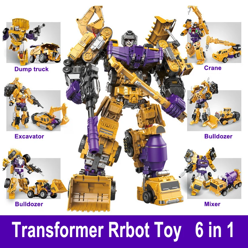 Transformation Robot Toy 6 in 1 Engineering Vehicle Model Educational Assembling Deformation Action Figure Car Toy for Children