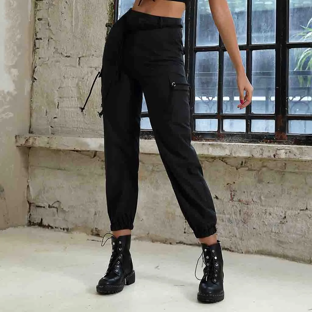 Модные повседневные женские карманы однотонные спортивные брюки карго женские уличные свободные брюки с завязками на лодыжке# N