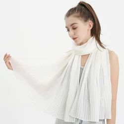 White scarf Shawls Chiffon pearl pleated headband nail bead wrinkled solid color black white headscarf wrap Muslim women fashion