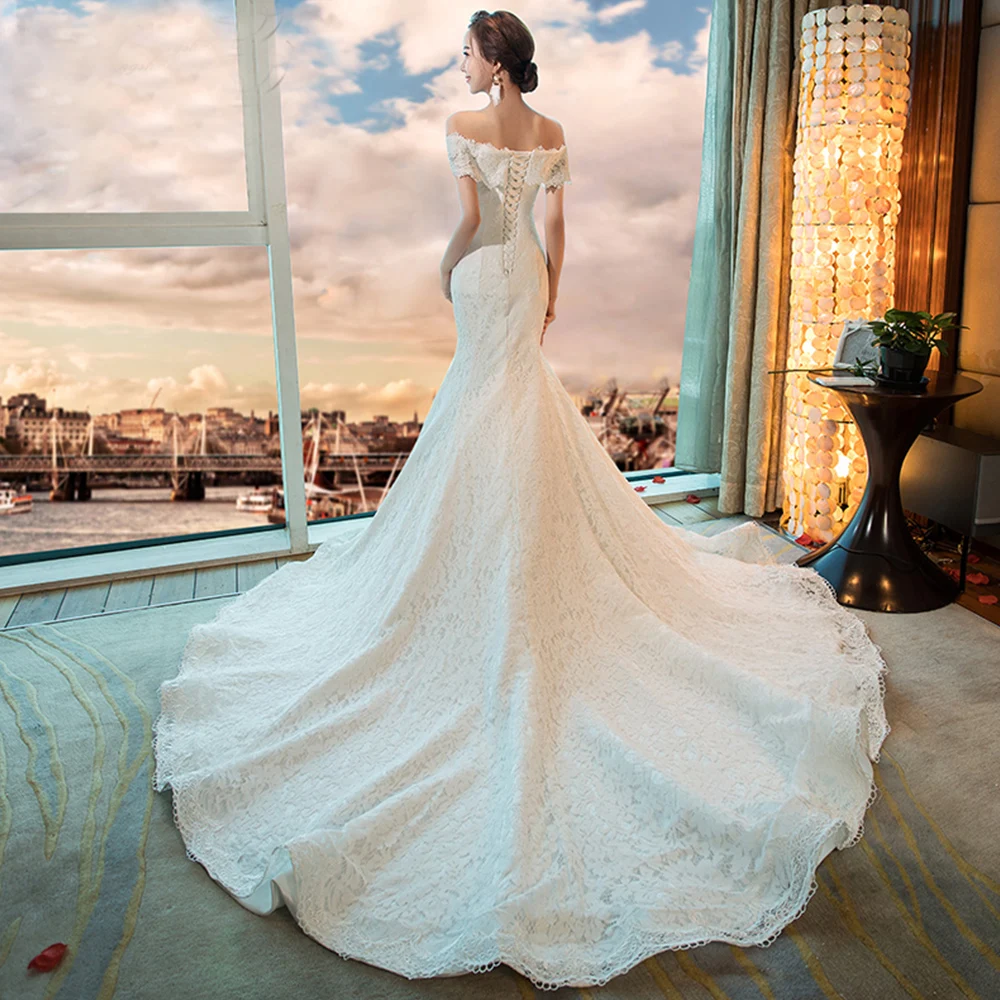 Кружевное Свадебное платье русалки с вуалью с открытыми плечами простое Vestido de Noiva Sereia с открытой спиной Роскошные свадебные платья