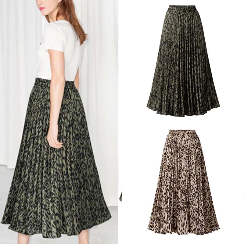 Women Elastic Waist Skirt A-line Loose Leopard Print Casual Pleated Vintage Evening Party Cocktail Midi Skirts