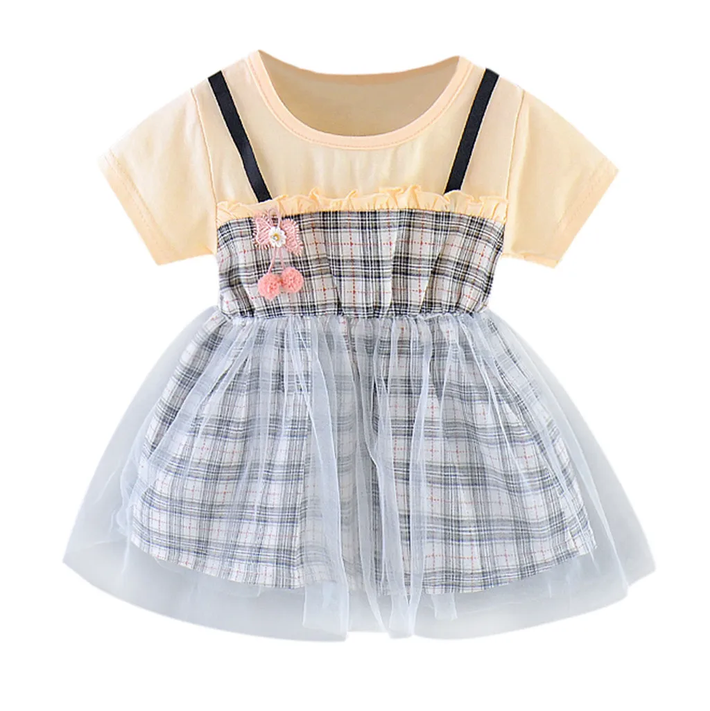 Топы в клетку с принтом для маленьких девочек; фатиновое платье принцессы; одежда с короткими рукавами и круглым вырезом; мини-платье-пачка с цветочным принтом для малышей; ropa - Цвет: PK