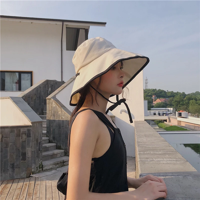 

New Cotton Spring Autumn Women Bucket Hats big Wide Brim fishing hats Beach Sombrero Tie sun Hat H3