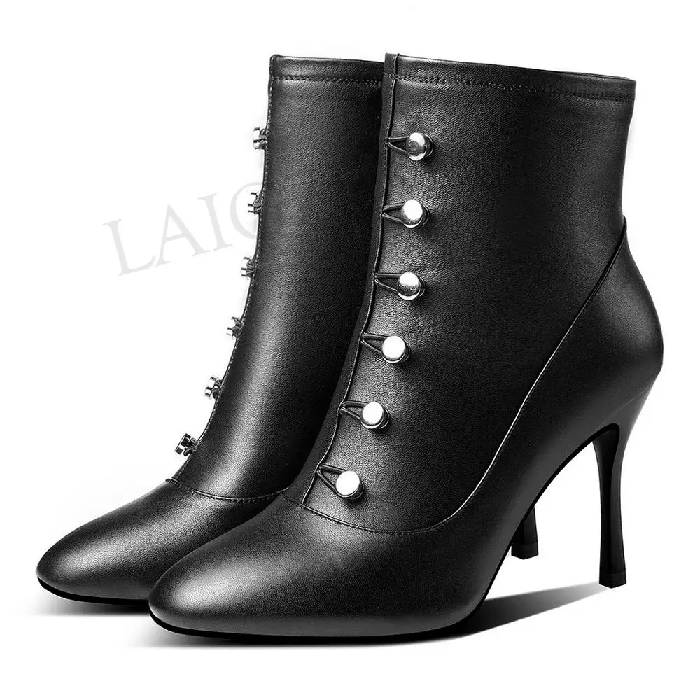 LGZ1083 Black LAIGZEM Real LEATHER Women Boots Heels Short Boots Side Zip Winter Ladies Shoes Woman Zapatos Botines Mujer Size 37 38 39 - Цвет: LGZ1083 Black