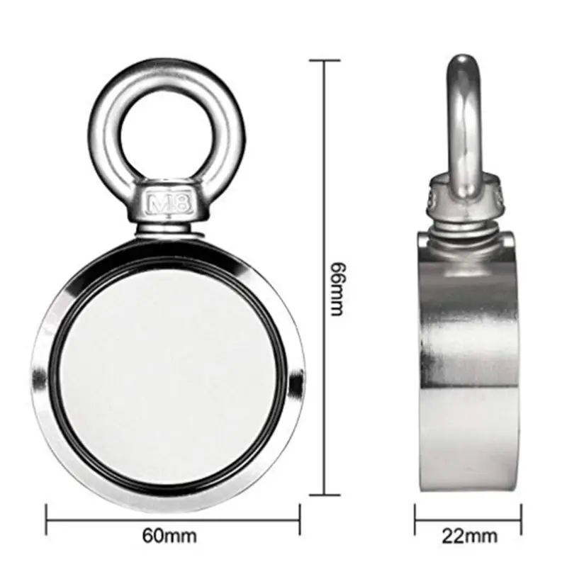 

Double Side Magnet fishing,Combined 300KG Pulling Force,60mm Diameter,Super Strong Round Neodymium Fishing Magnet with Eyebolt f