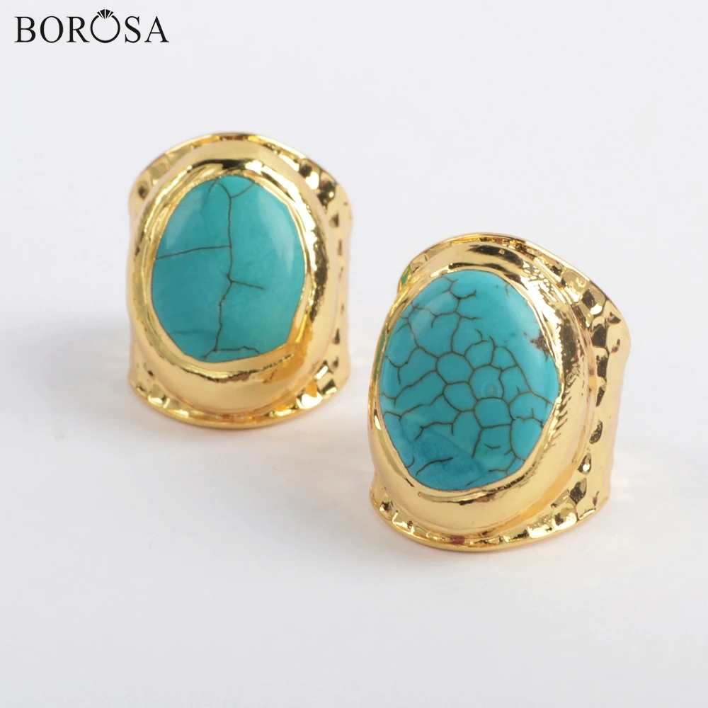 

BOROSA Turquoises Rings 10Pcs Gild Blue Howlites Rings Women Ring Size:5~5.5 New Turquoises Gems Rings Jewelry for Women G1882