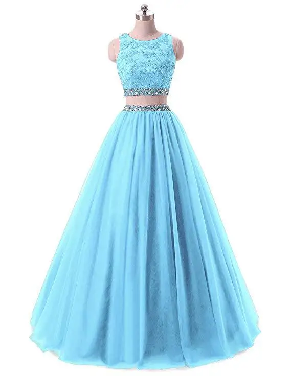 Sky blue Линия из двух частей аппликация бисером кристаллы Sequines совок шеи вечерние платья без рукавов Формальные платья длиной до пола - Цвет: Sky blue