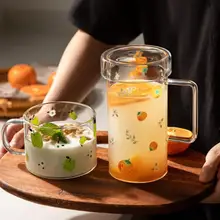 

High-Value Pattern Glass Breakfast Milk Coffee Cup Simple Household Couple Water Cup Fruit Pattern Drink Cup with Lid 2022 New
