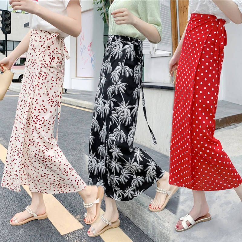 

2019 Women Ankle-Length Casual Vacation Asymmetrical Irregular Long Skirt Variety Wear Floral Print Chiffon High Waist Skirt
