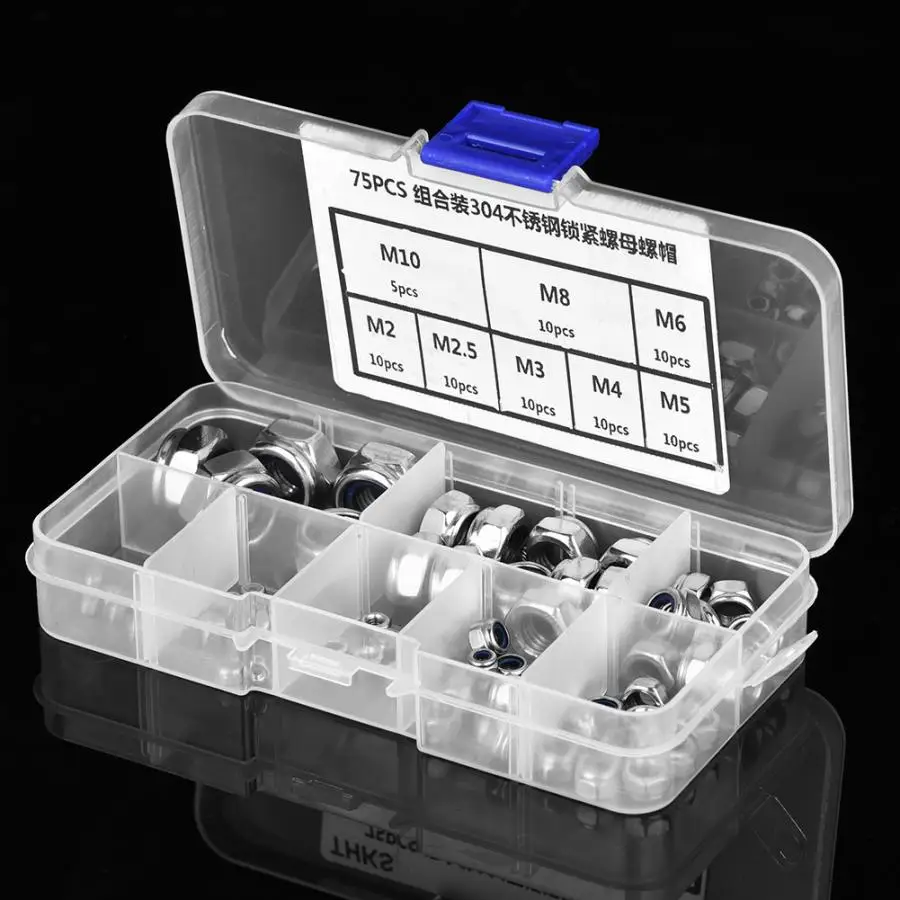 75Pcs/lot Self-lock Nut Stainless Steel Nylon Insert Locknut Assortment Kit M2/M2.5/M3//M5/M6/M8/M10