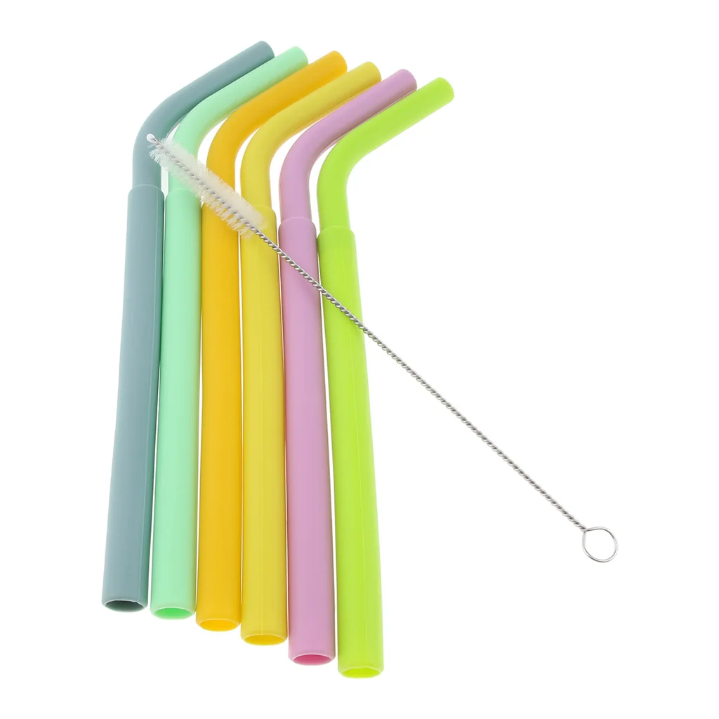 6pcs Silicone Flexible Reusable Straight Bendy Drinking Straws + Cleaning Brush Set for Elderly Patients