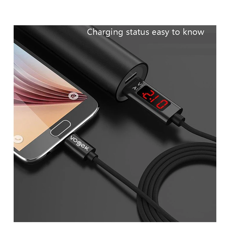 Vogek 3A светодиодный цифровой usb type C Micro USB кабель для xiaomi huawei Быстрая зарядка USB C кабель нейлоновый кабель для мобильного телефона