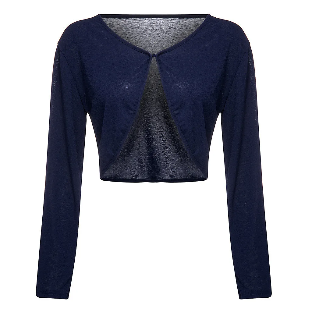 Poleras mujer de moda Харадзюку Модные Женские однотонные открытые передние Обрезанные кардиган с длинными рукавами и пуговицами топы футболки#730 - Цвет: Navy