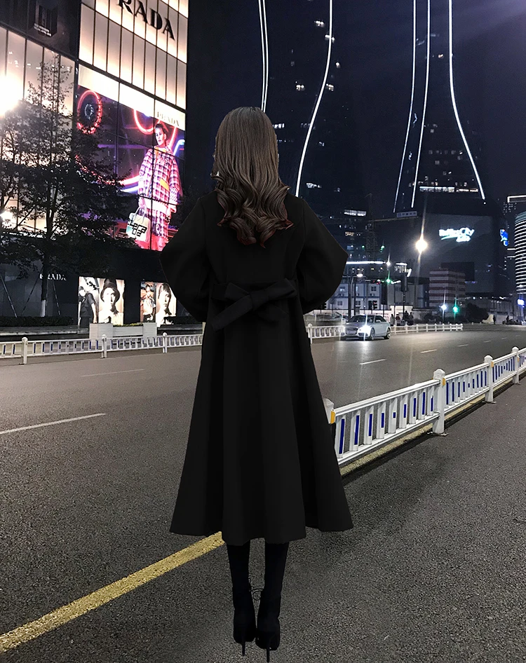 Новинка, женское осенне-зимнее пальто, модное шерстяное пальто, однотонная шерстяная куртка, тонкая Длинная Верхняя одежда для женщин, красное вино, черный Хепберн, WoolenG1153