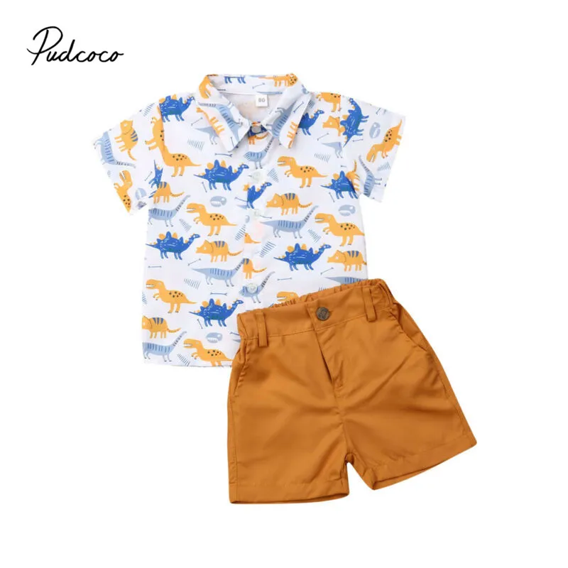Pudcoco Clothes Set for Cute Toddler Kid Baby Boys Summer Tops Dinosaur Full Print T-shirt +Soild Pants Shorts Children Outfits |