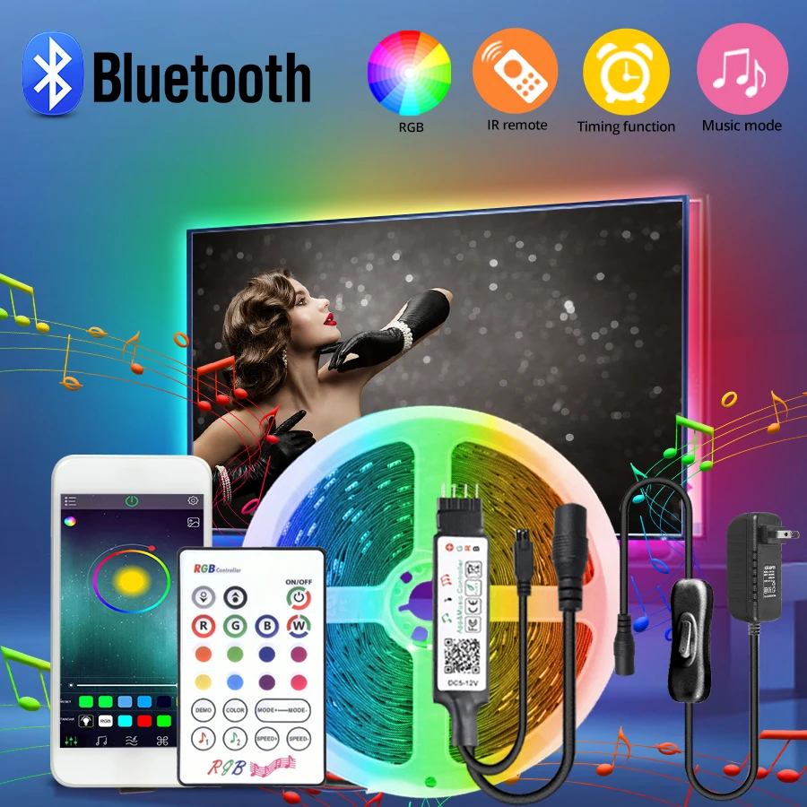 

Bluetooth LED Strip SMD 5050 RGB LED Strip With Remote Control 12V 5M 10M RGB LED Strip Light Tape 15M 20M Neon Light For Rooms