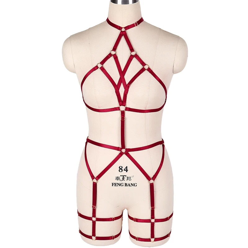 MLCN0021WINERED Полные подвязки эластичные, жгуты комплект пикантного женского белья Готическая клетка бюстгальтер Фетиш нагрудный ремень крест бондаж отрегулировать мягкие Топы Клубные вечерние одежда в стиле рейв - Цвет: MLCN0021WINERED