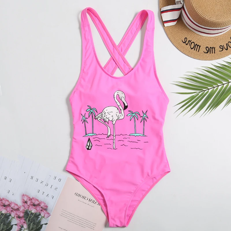 Flamingos Swimsuit 2020 Mujer One-Piece Cross Open Back Women Swimwear Sexy Bodysuit Monokini Push Up Swimming Suit Beach Wear |