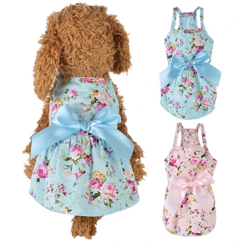 

Summer Dog Dress Cotton Blue Sling Dog Skirt Bowknot Shirt Clothes Birthday Small Pup Breathable Cool Dress For Dogs*
