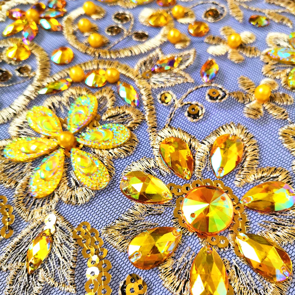 3D кружевная отделка клей пришить Стразы Декор Желтый AB Emboridery аппликации нашивки шитье для одежды танцевальный костюм