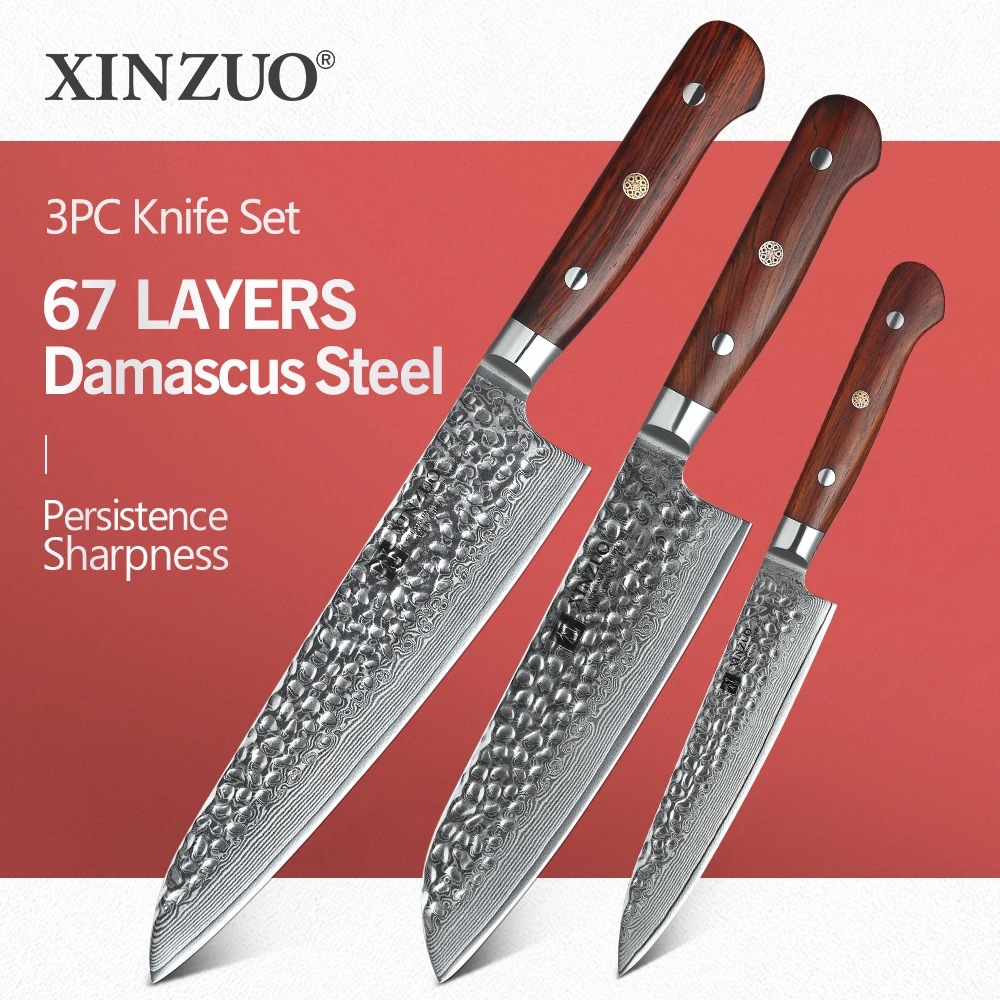 

XINZUO 3 PCS Kitchen Knives Set Japanese 67 Layer Damascus Stainless Steel VG10 Knife Chef Utility Santoku Knife Rosewood Handle